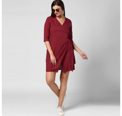 Women's Cotton Solid 3-4th Sleeves Above Knee Dress (Maroon)