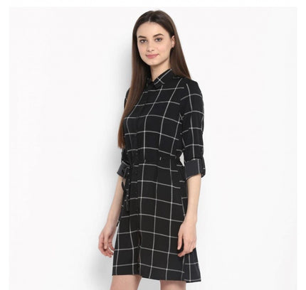 Women's Polyester Checkered Roll Up Sleeve Above Knee Dress (Black - White)