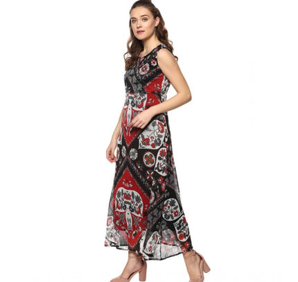 Women's Polyester Printed Sleeveless Dress (Red - Black)