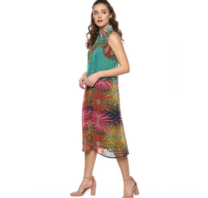 Women's Polyester Floral Sleeveless Below Knee Dress (Multicolor)