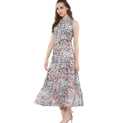 Women's Polyester Chiffon Printed Sleeveless Dress (Multicolor)