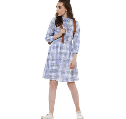 Women's Cotton Checkered Roll Up Sleeve Above Knee Dress (Blue)