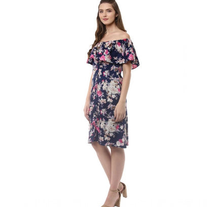 Women's Polyester Crepe Floral Half Sleeve Above Knee Dress (Navy Blue)