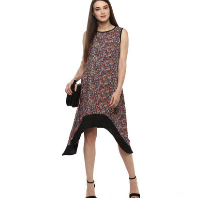 Generic Women's Polyester Printed Sleeveless Knee-Length Dress (Multicolor)