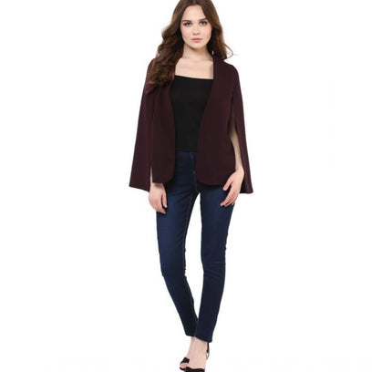 Women's Polyester Solid Cape Sleeve Blazer (Wine)