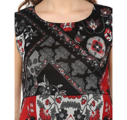 Women's Polyester Printed Sleeveless Dress (Red - Black)