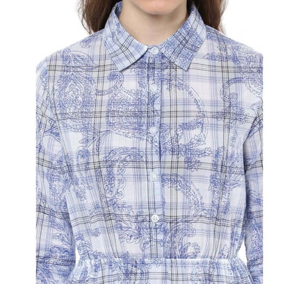 Women's Cotton Checkered Roll Up Sleeve Above Knee Dress (Blue)