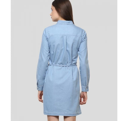 Women's Denim Solid Long Sleeves Above Knee Dress (Blue)