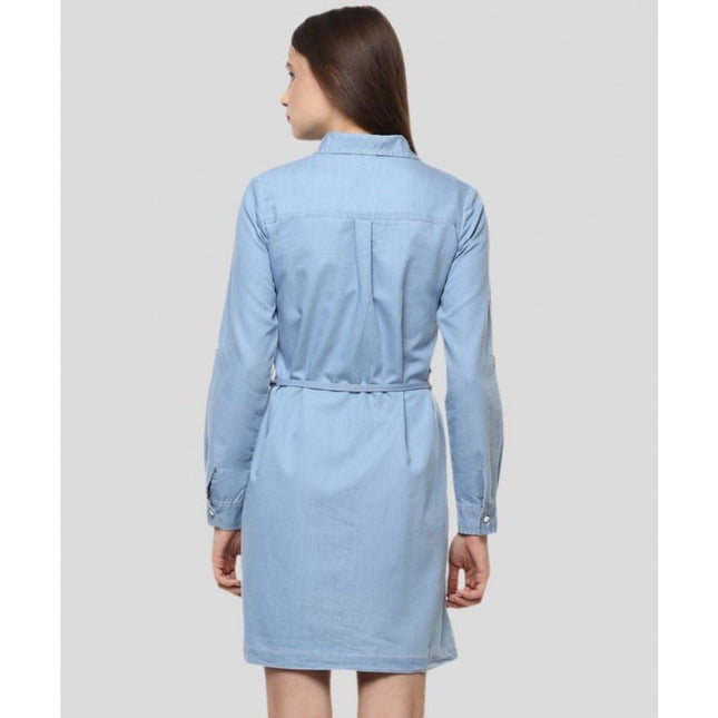 Women's Denim Solid Long Sleeves Above Knee Dress (Blue)