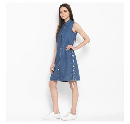 Women's Denim Solid Sleeveless Above Knee Dress (Blue)