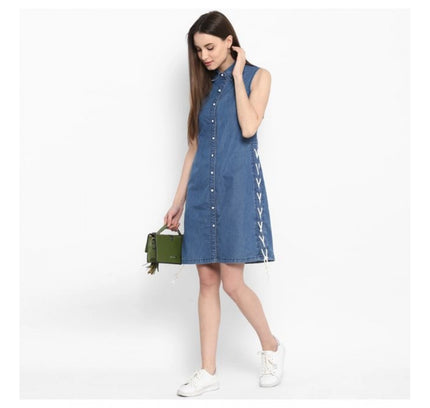 Women's Denim Solid Sleeveless Above Knee Dress (Blue)