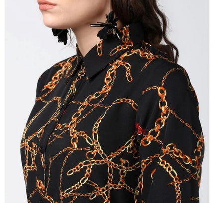 Women's Polyester Chain Print Roll Up Sleeve Below Knee Dress (Black - Yellow)