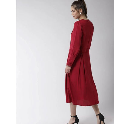 Women's Polyester Pintuck Long Sleeves Below Knee Dress (Red)