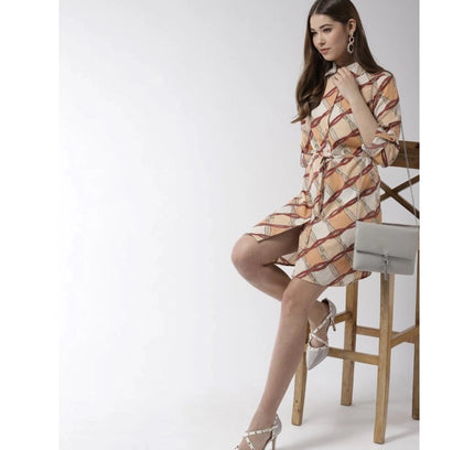 Women's Polyester Printed Roll Up Sleeve Above Knee Dress (Off White - Brown)