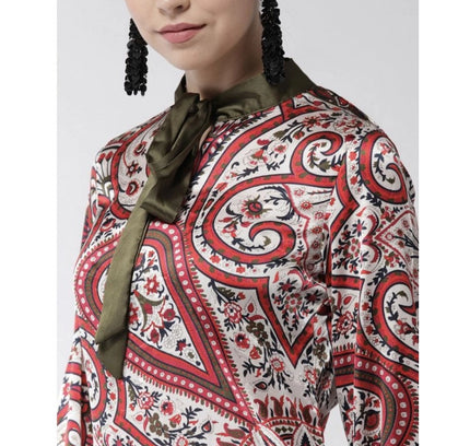 Women's Polyester Printed Long Sleeves Above Knee Dress (Red)