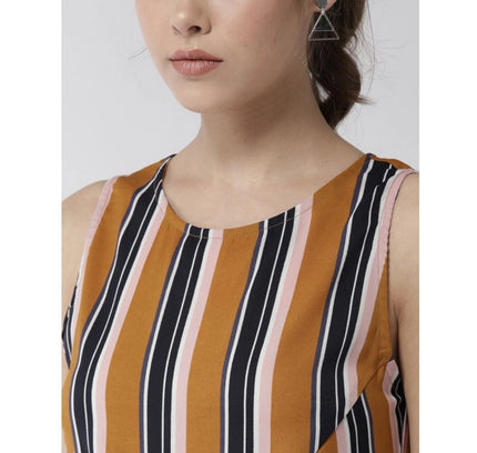 Women's Polyester Striped Sleeveless Below Knee Dress (Mustard)