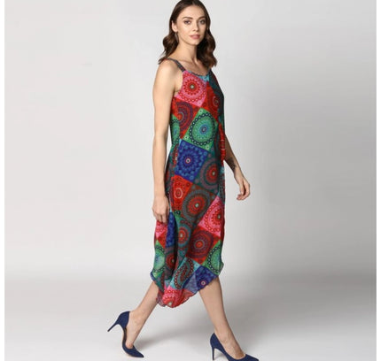 Women's Polyester Asymmetrical Shoulder Straps Knee-Length Dress (Multicolor)