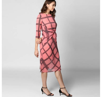 Women's Polyester Checkered 3-4th Sleeves Below Knee Dress (Pink - Black)