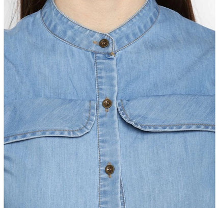 Women's Denim Solid Cold Shoulder Above Knee Dress (Blue)