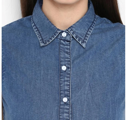 Women's Denim Solid Sleeveless Above Knee Dress (Blue)