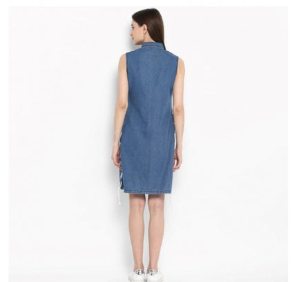 Women's Denim Solid Sleeveless Above Knee Dress (Blue)