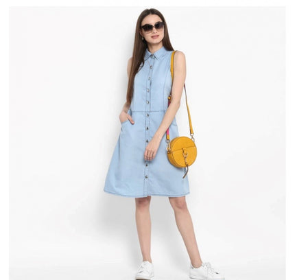 Women's Denim Solid Sleeveless Below Knee Dress (Blue)