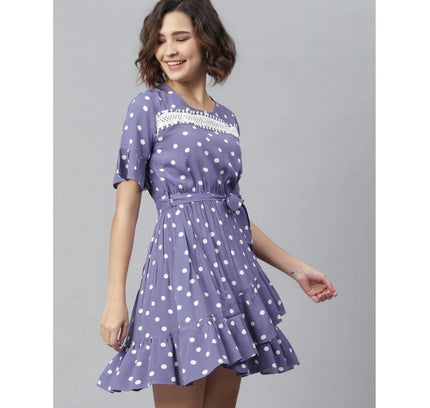Women's Polyester Polka Bell Sleeve Above Knee Dress (Lavender)