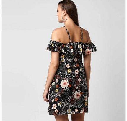 Women's Polyester Floral Cold Shoulder Above Knee Dress (Black)