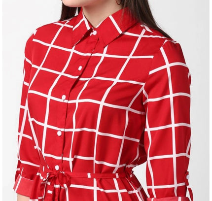 Women's Polyester Checkered Long Sleeves Above Knee Dress (Red)