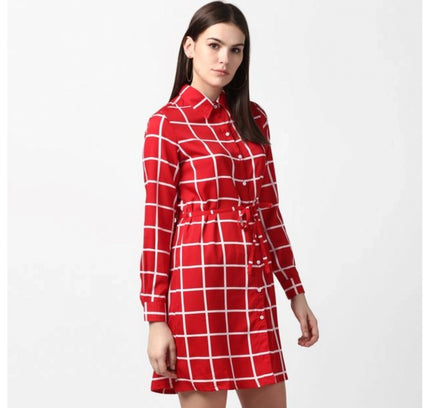 Women's Polyester Checkered Long Sleeves Above Knee Dress (Red)