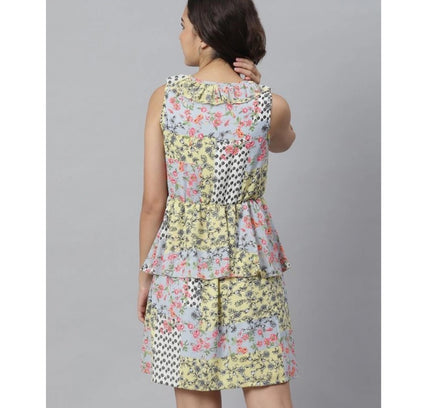 Women's Polyester Peplum Sleeveless Above Knee Dress (Multicolor)