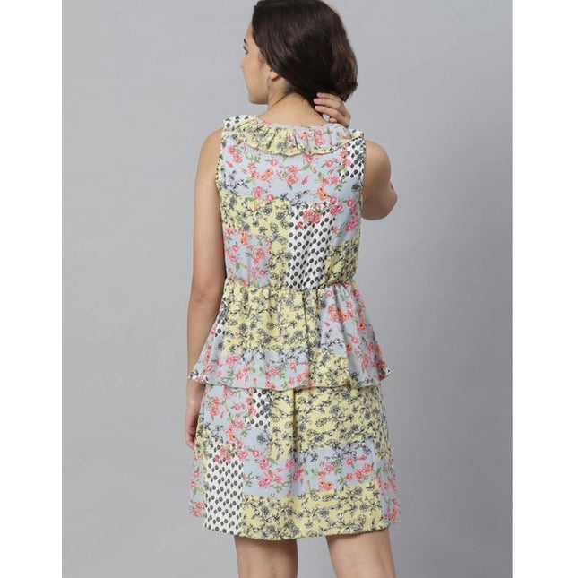 Women's Polyester Peplum Sleeveless Above Knee Dress (Multicolor)