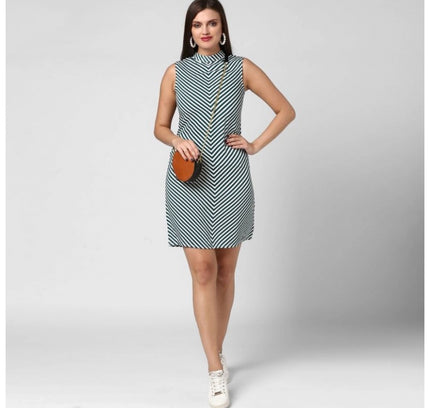 Women's Polyester Striped Sleeveless Above Knee Dress (Green)