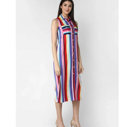 Women's Polyester Striped Sleeveless Calf-length Dress (Multicolor)