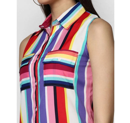 Women's Polyester Striped Sleeveless Calf-length Dress (Multicolor)