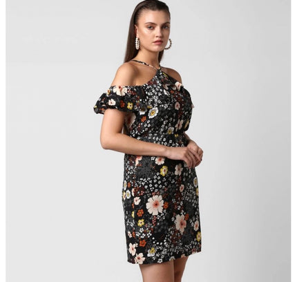 Women's Polyester Floral Cold Shoulder Above Knee Dress (Black)