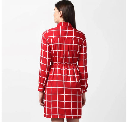 Women's Polyester Checkered Long Sleeves Above Knee Dress (Red)