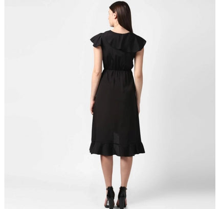 Women's Polyester Ruffled Cap Sleeve Knee-Length Dress (Black)