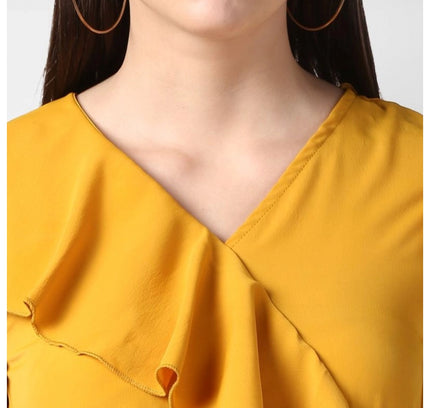 Women's Polyester Ruffled Cap Sleeve Knee-Length Dress (Yellow)