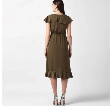 Women's Polyester Ruffled Cap Sleeve Knee-Length Dress (Olive)