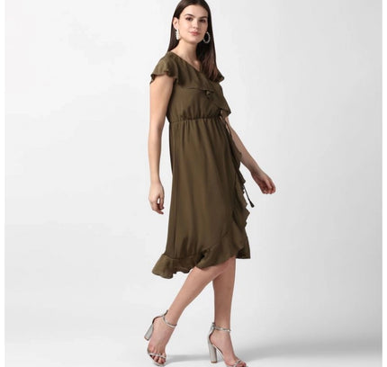 Women's Polyester Ruffled Cap Sleeve Knee-Length Dress (Olive)