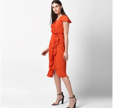 Women's Polyester Ruffled Cap Sleeve Knee-Length Dress (Orange)