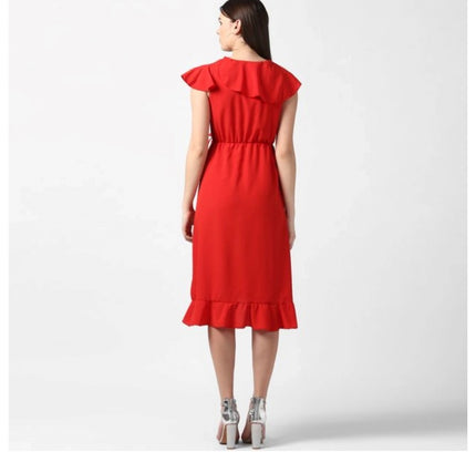 Women's Polyester Ruffled Cap Sleeve Knee-Length Dress (Red)