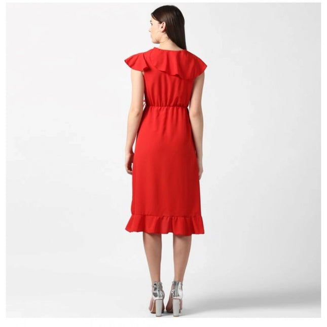 Women's Polyester Ruffled Cap Sleeve Knee-Length Dress (Red)