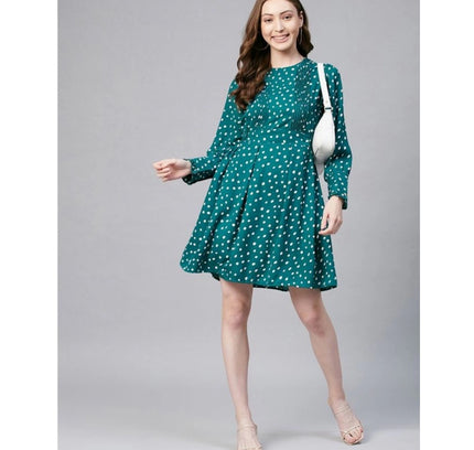 Women's Polyester Polka Long Sleeves Above Knee Dress (Green - White)