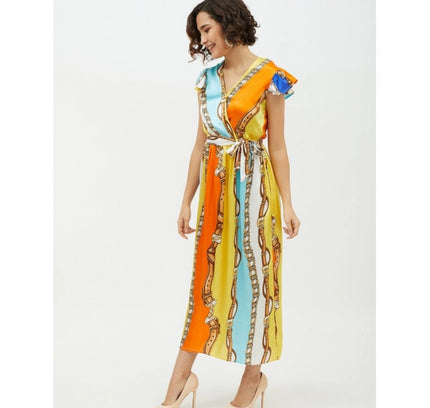 Women's Satin Chain Print Cap Sleeve Calf-length Dress (Multicolor)