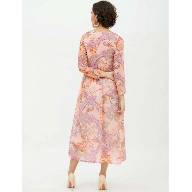 Women's Polyester Printed Long Sleeves Calf-length Dress (Multicolor)