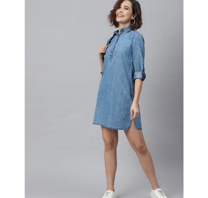 Women's Denim Solid Long Sleeves Above Knee Dress (Ice Blue)