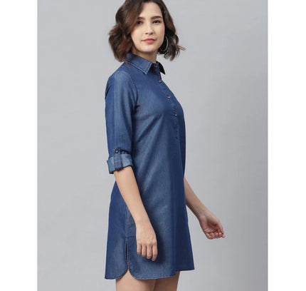 Women's Denim Solid Long Sleeves Above Knee Dress (Navy Blue)