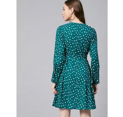 Women's Polyester Polka Long Sleeves Above Knee Dress (Green - White)